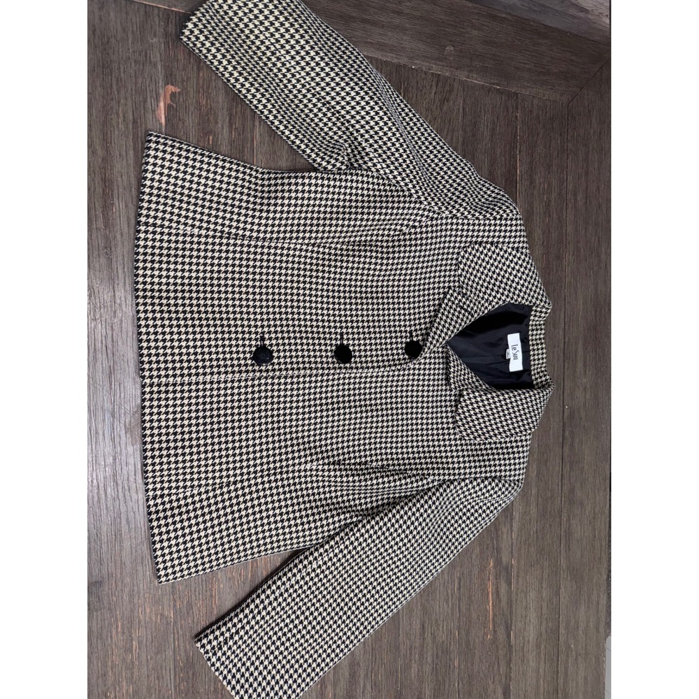 Le Suit Houndstooth Blazer Jacket Black White Tan Size 16 Three Button Lined